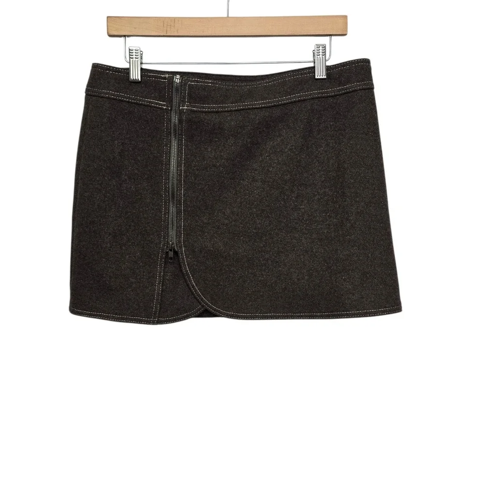 Purnell Womens Wool Mini Skirt Brown Asymmetrical Zip Contrast Stitch Size 6‎